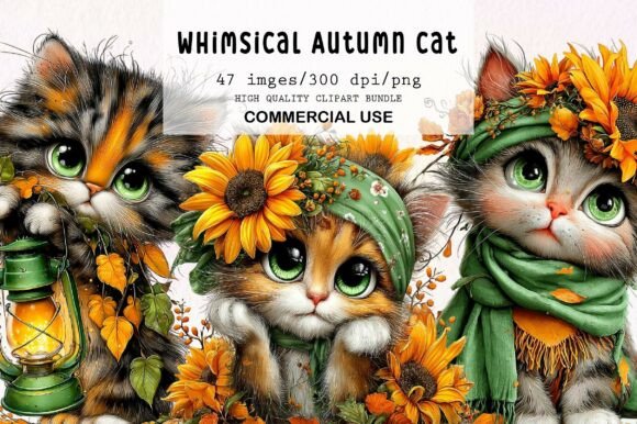 Download Whimsical Autumn Cat Clipart Bundle - Cat clipart Collection